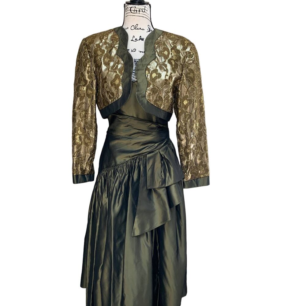 Jessica McClintock Olive Green Taffeta Strapless Dress Gold Lace Bolero Jacket 8